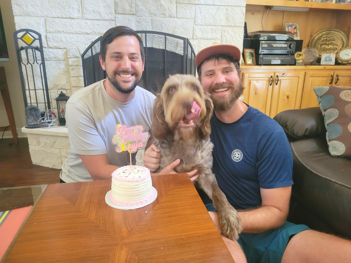 Two men and a fluffy brown dog sit at a table with a pink-frosted birthday cake and a 'Happy Birthday' topper in a cozy living room.