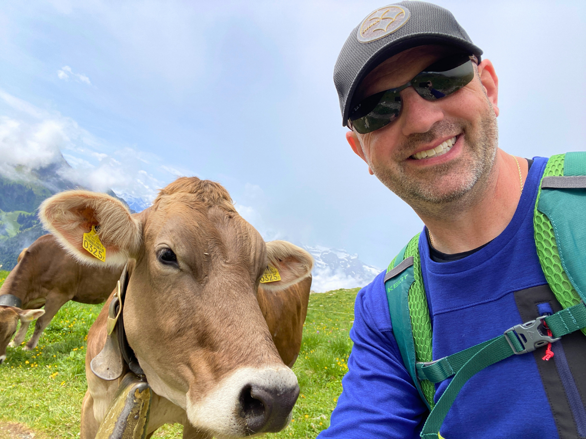 Hiker in a blue shirt and backpack taking a selfie with a brown cow in a green alpine meadow, with mountains in the background.