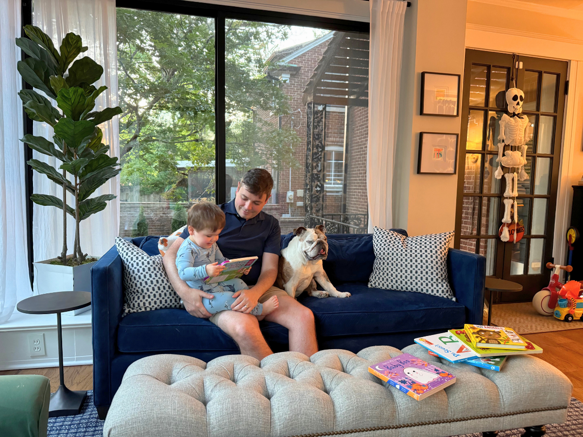 Father reading a colorful children's book with his toddler on a blue sofa, a bulldog resting beside them in a bright living room with a plant and large window.