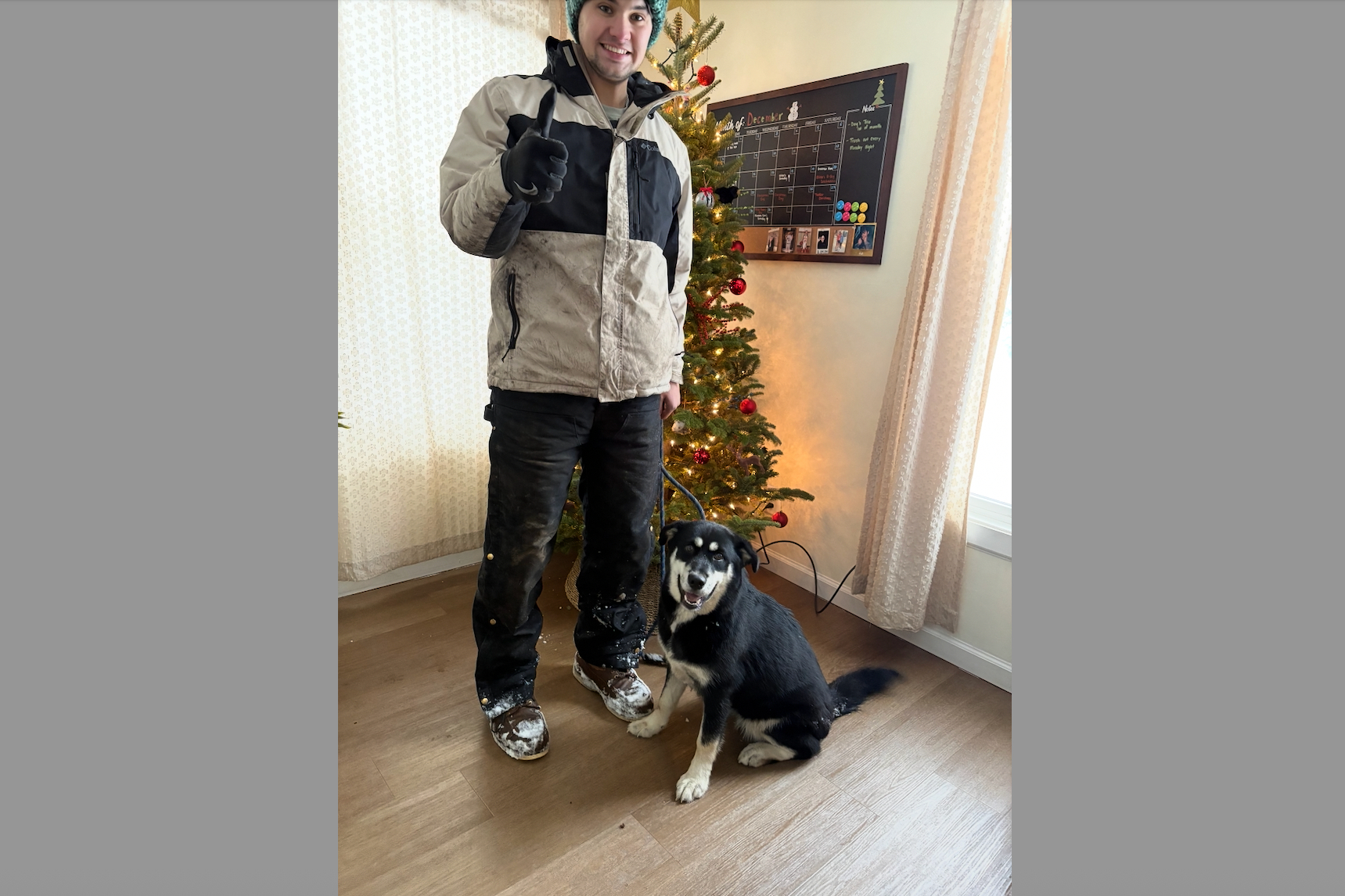 Person in a beige and black winter jacket giving a thumbs-up next to a black-and-white dog in a living room with a Christmas tree nearby.