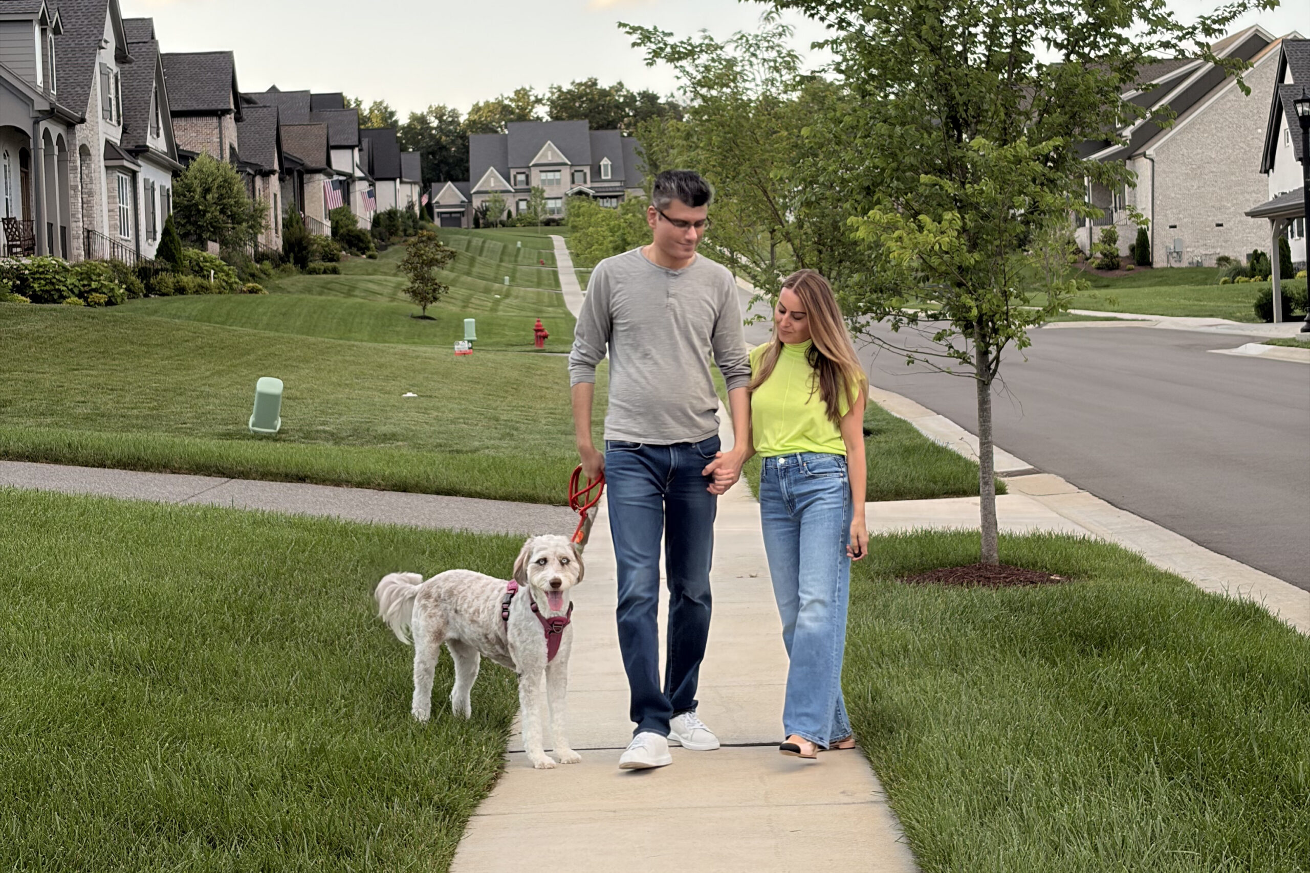 A couple walks their white dog on a sidewalk in a green suburban neighborhood with houses lining the street.
