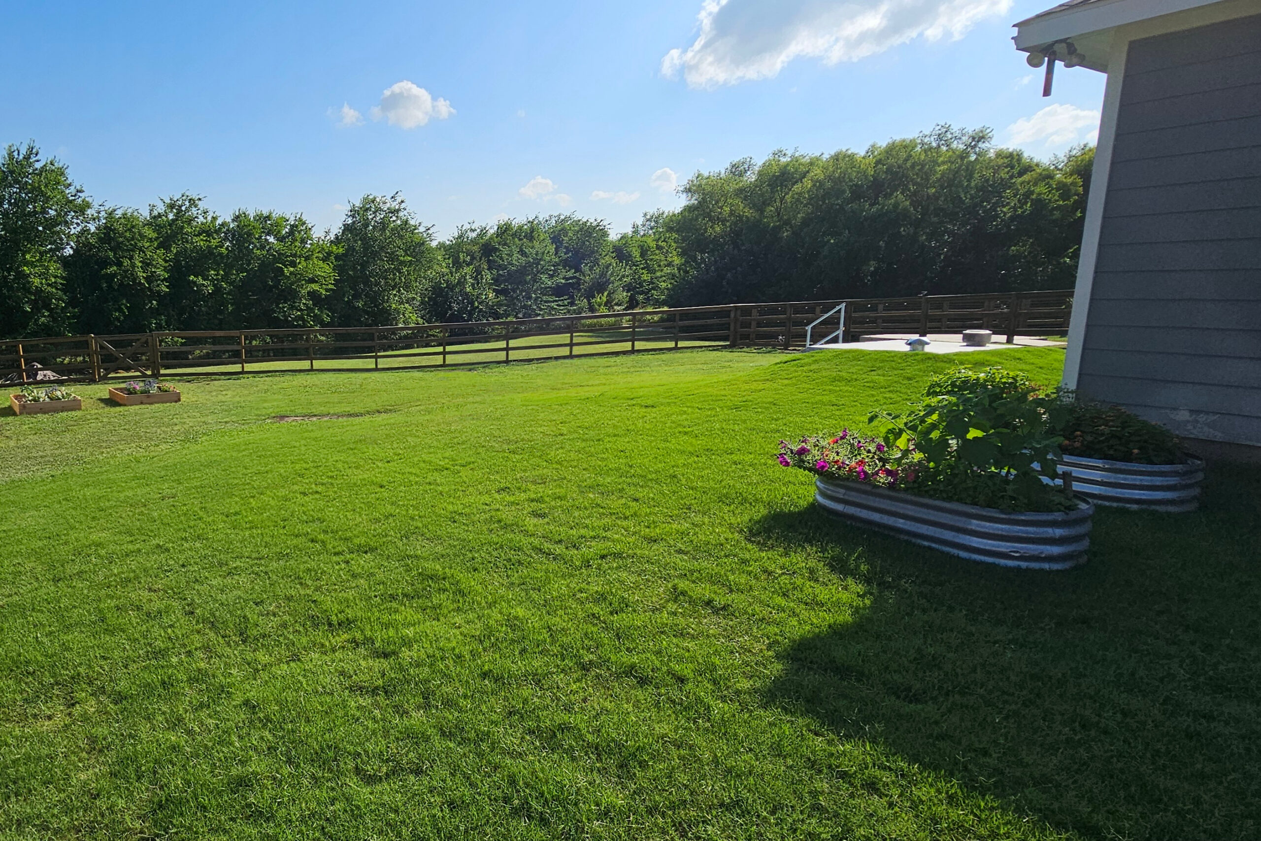 Wide sunny backyard with a bright green lawn, a wooden split-rail fence, raised garden beds in the left foreground, and a gray house corner on the right under a blue sky.