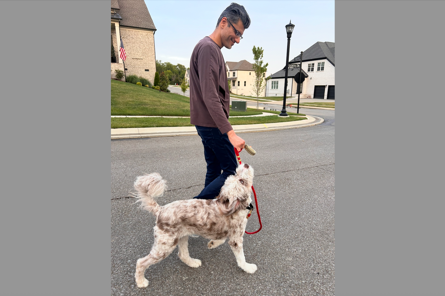 Man walking two fluffy light-colored dogs on leashes down a residential street, smiling at the dogs while wearing glasses and a brown long-sleeve shirt.