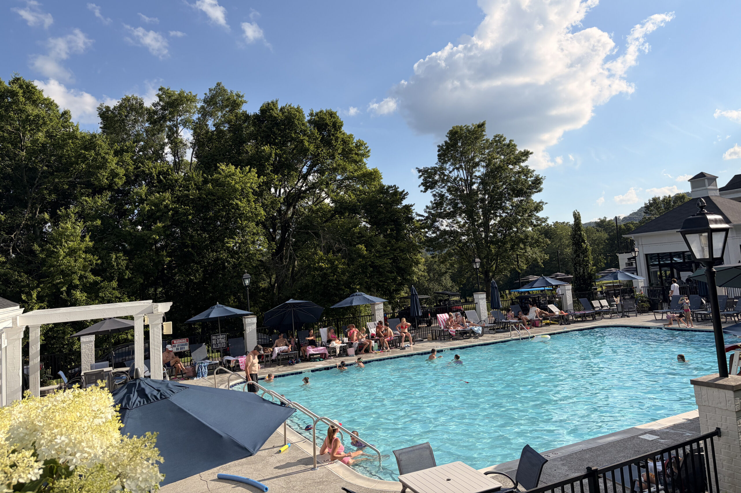 Poolside at a resort with lounge chairs, umbrellas, and guests sunbathing under a blue sky with trees in the background