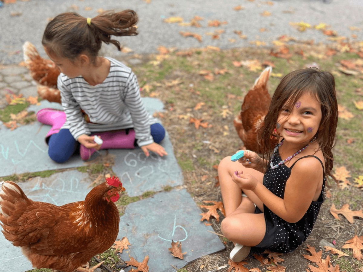 Two young girls sit on chalk-drawn stones outdoors as brown chickens wander nearby in autumn leaves.