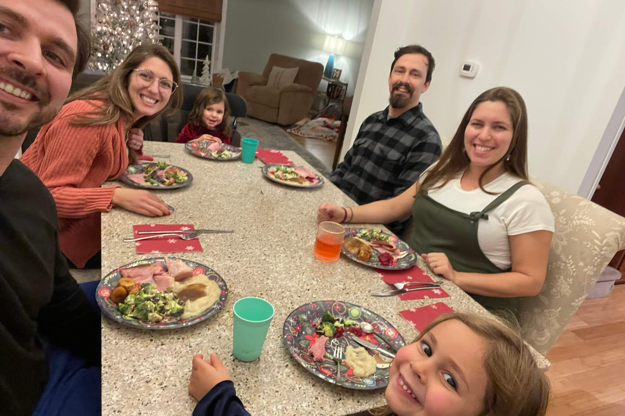 Smiling family and friends gathered around a kitchen island for a holiday meal, with a Christmas tree in the background.