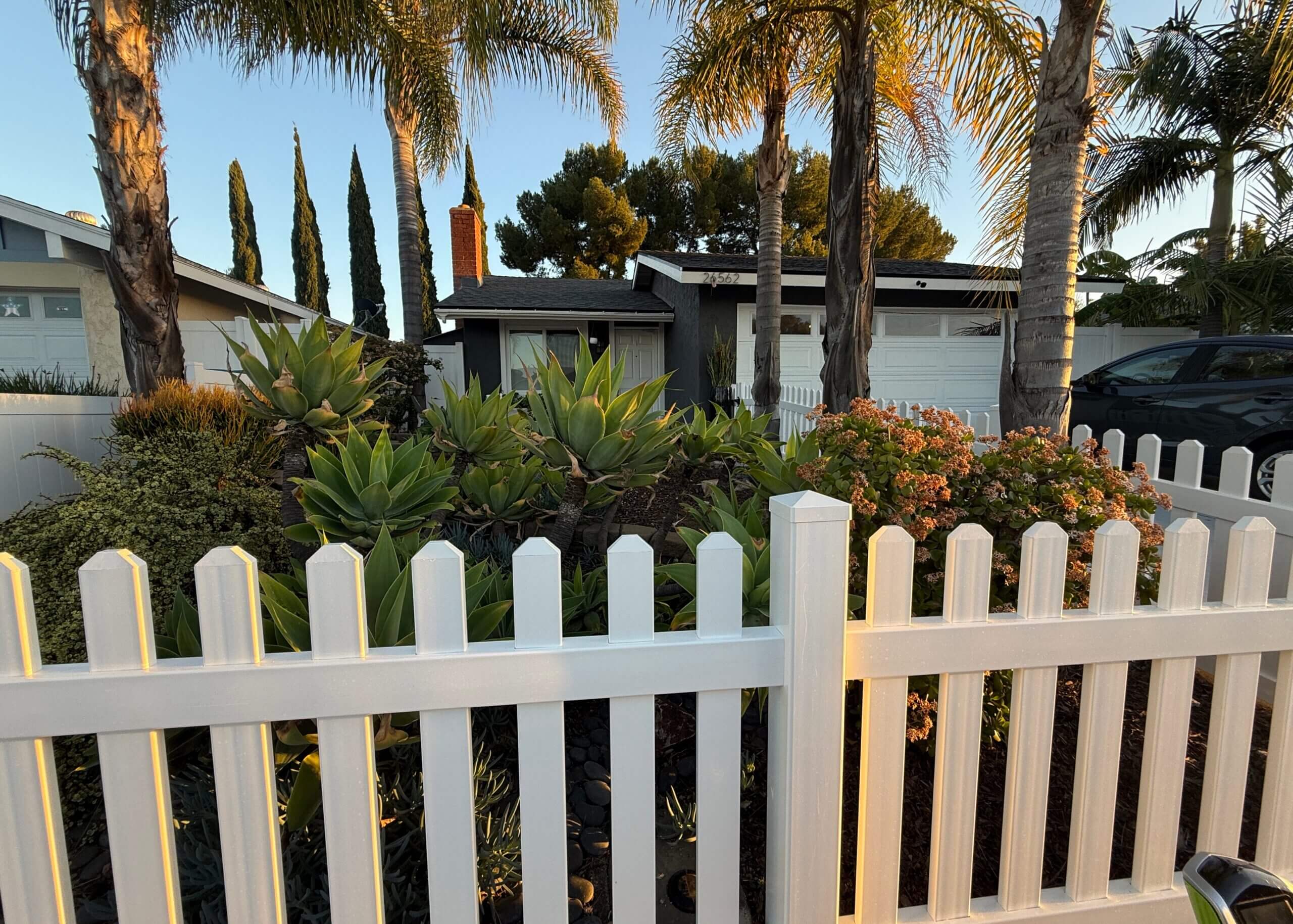 Front-yard view of a suburban house with a white picket fence, desert plants, and tall palm trees bathed in warm evening light.