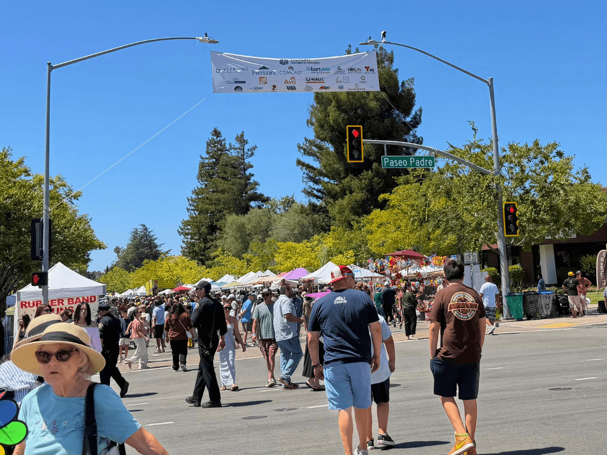 Crowd of people at a sunny street fair with vendor tents along the curb and a banner overhead.